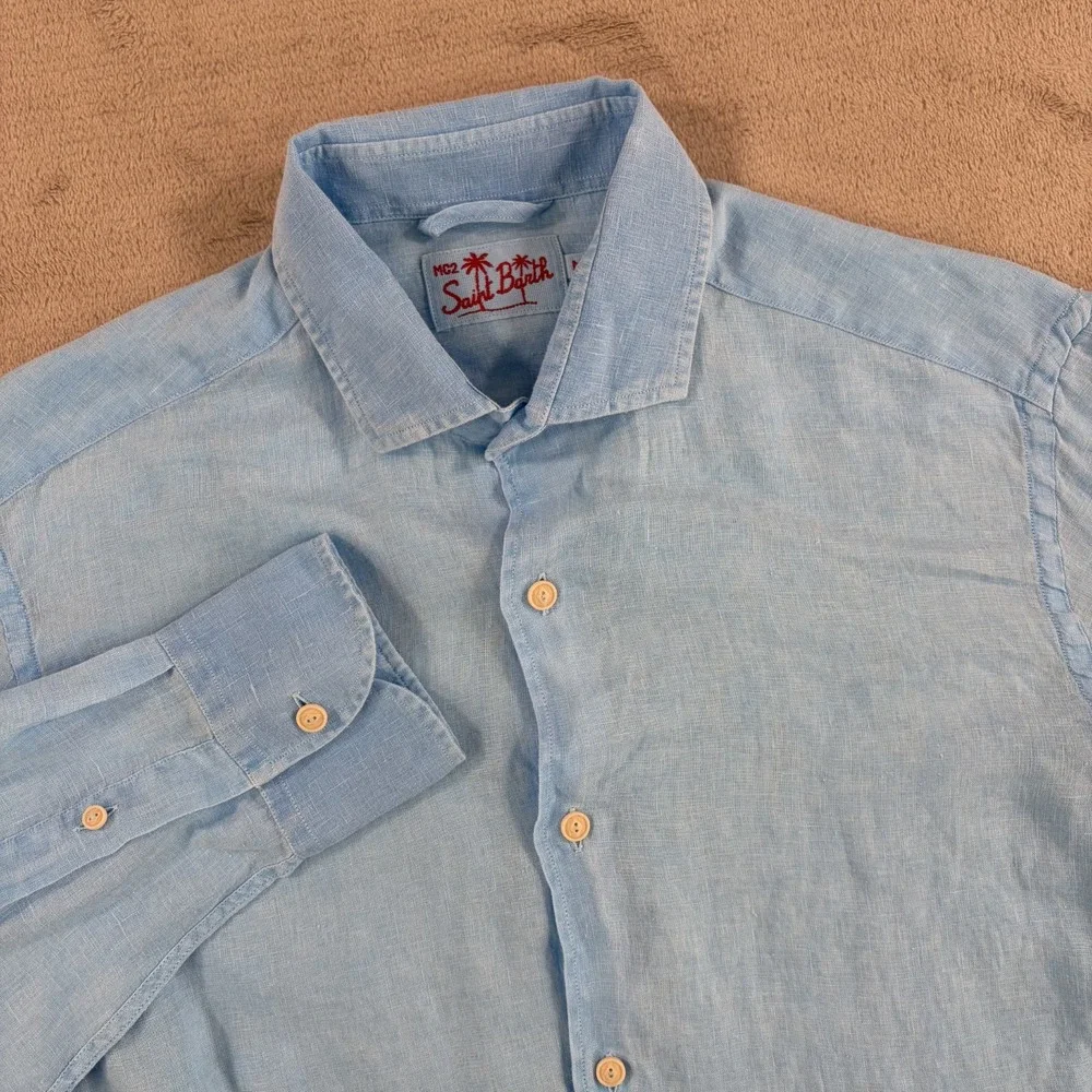 MC2 SAINT BARTH Pure 100% Linen Shirt in Blue Men Medim Resort Beach NWOT $200